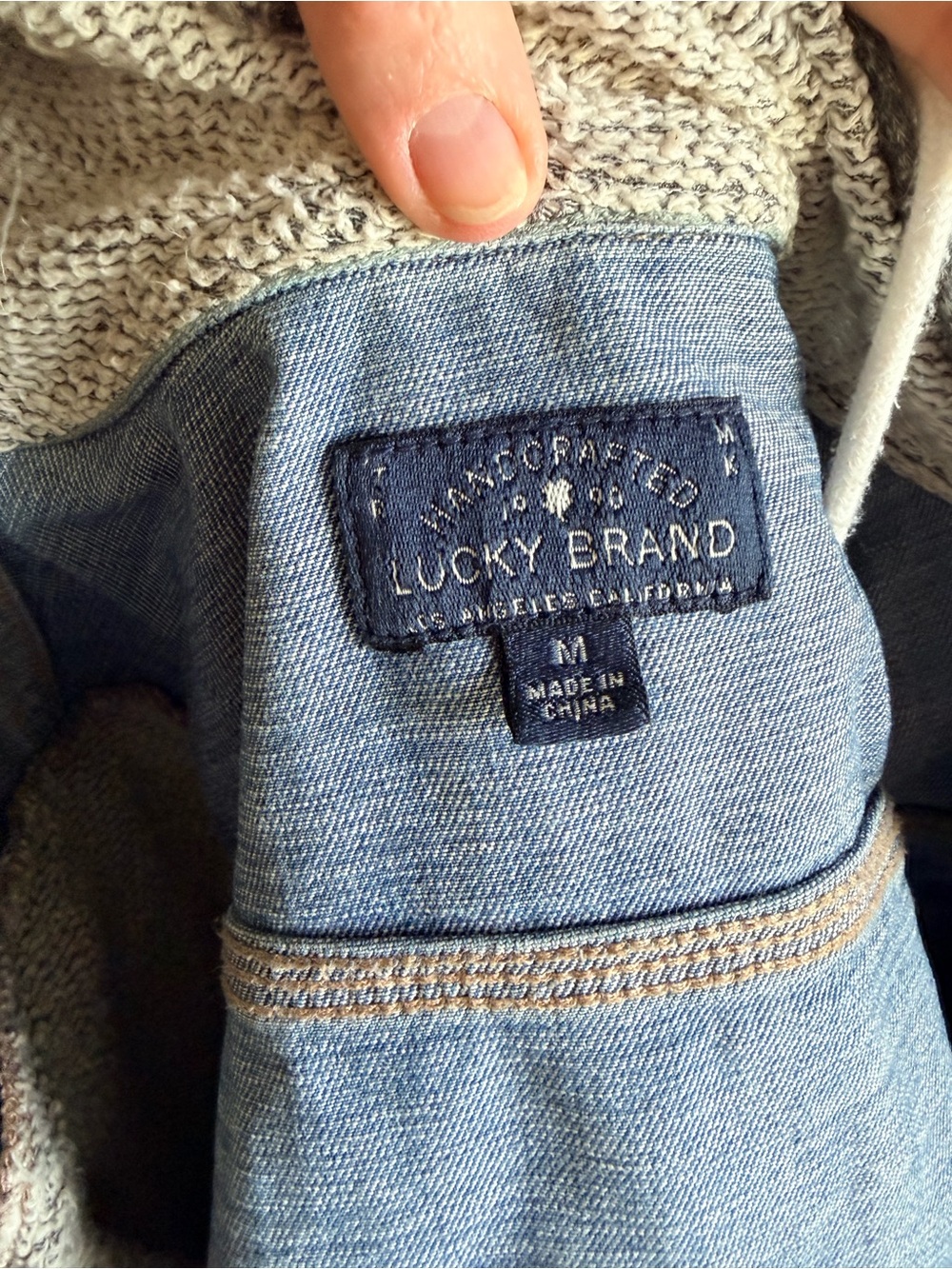 Lucky Brand Blue Denim Jacket with Gray Knit Hood & Sleeves - Picture 4 of 4